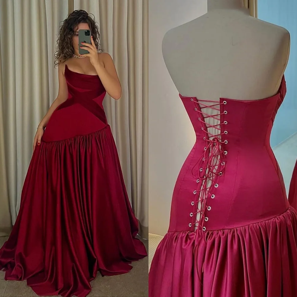 

Customized Modern Style Simple Jersey Ruched Pleat A-line Strapless Long Dresses Bespoke Occasion Dresses Sizes Available Retro