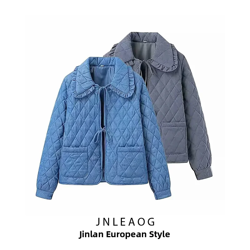 JNLEAOG Women's Fashionable Lightweight Cotton Jacket with Stand Collar Diamond Pattern All-Match Style Autumn New Arrival