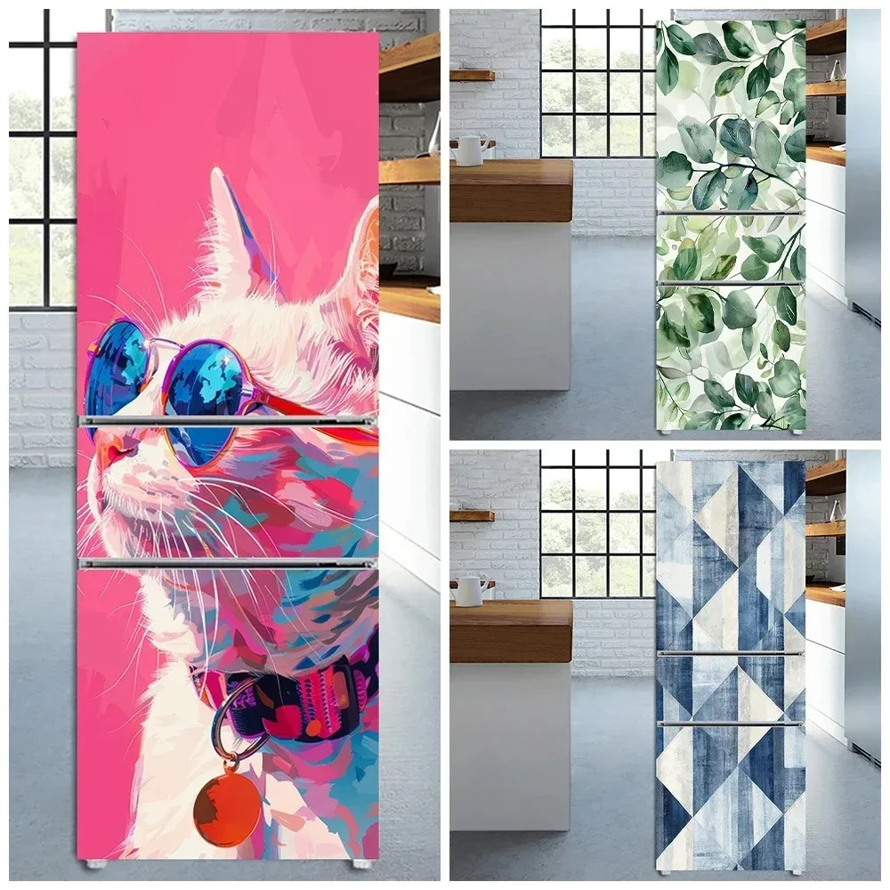 

Novelty Cool Cat With Glasses Fridge Door Sticker Waterproof Art Mural Refrigerator Wrap Cover Kitchen Cabinet Decor