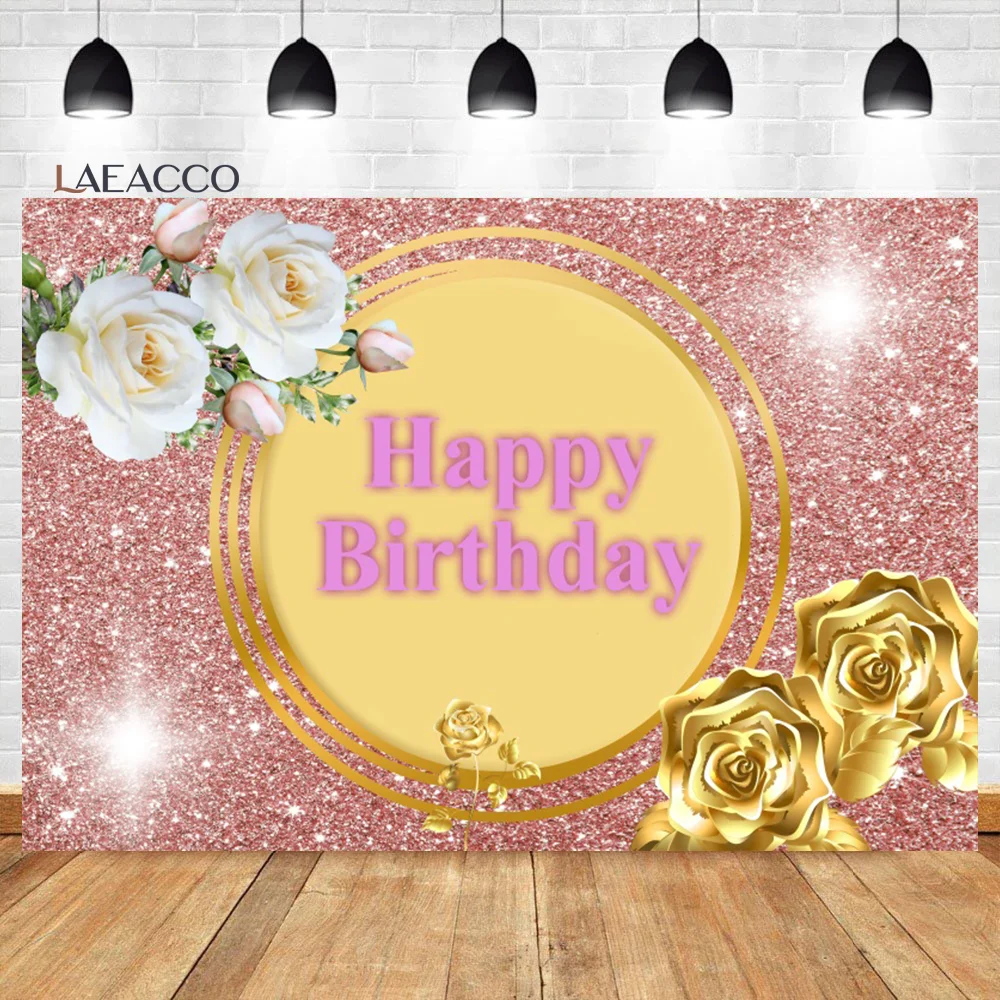 

Laeacco Golden Birthday Photo Backdrop for Adults Women Shiny Dots Rose Flowers Girls Portrait Customized Photography Background