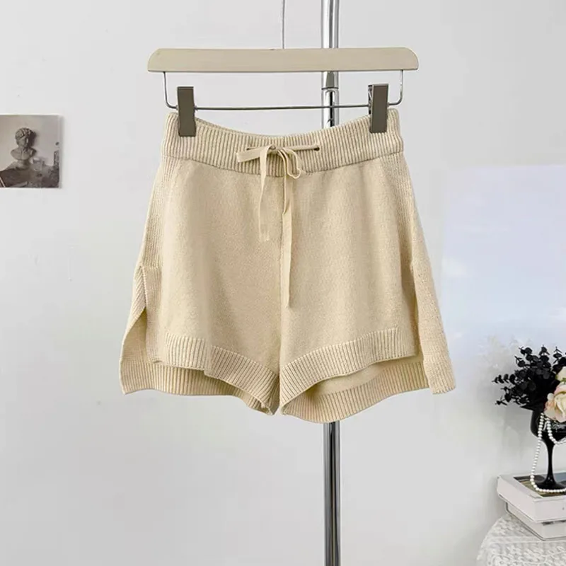 American Fashion Women's Knitted Shorts 2026 Spring/Summer Casual Simple Solid Color High Waist Lace-up Split Loose Shorts