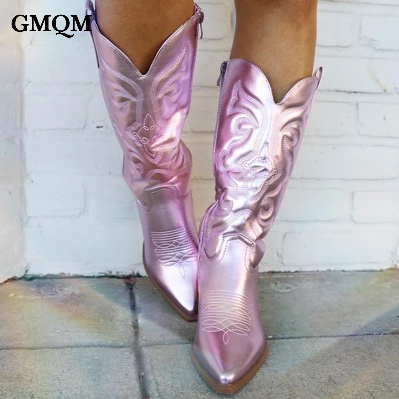 GMQM Cowboy Pink Cowgirl Boots For Women 2023 Fashion Zip Embroidered Pointed Toe Chunky Heel Mid Calf Western Boot Shinny Shoes