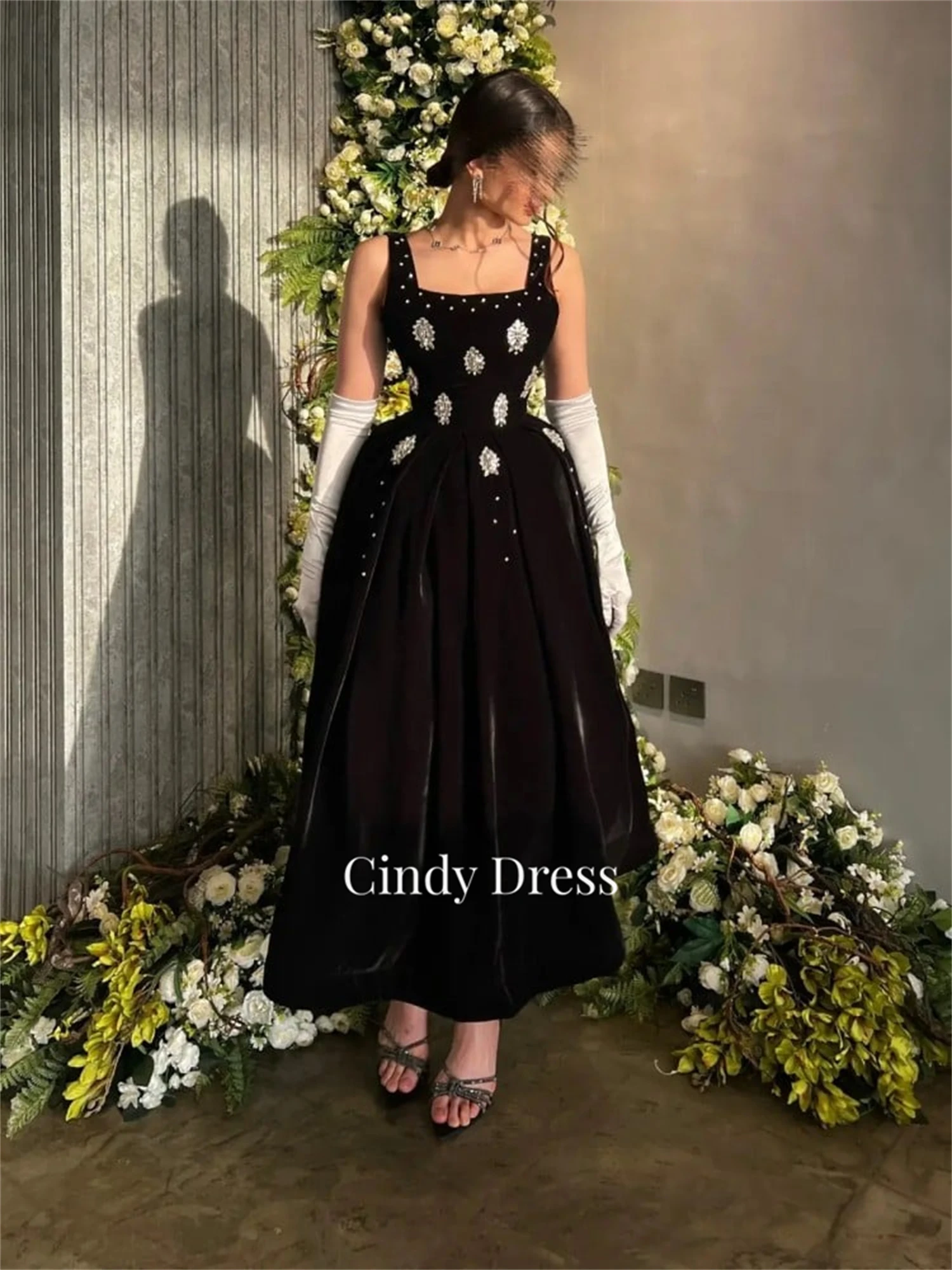 

Cindy Velvet Line A Black Eid Evening Dress Pearl Decoration Luxurious Dresses Graduation Reception Party Women Elegant Luxury