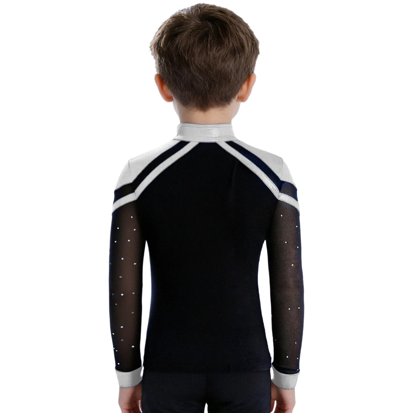 เสื้อเต้นรำสำหรับเด็กผู้ชาย ประดับคริสตัล เหมาะสำหรับยิมนาสติก บัลเลต์ ฟิกเกอร์สเก็ต คอวี แขนยาว ชายเสื้อผ่าข้าง ผ้าเมทัลลิก สำหรับเต้นลาติน