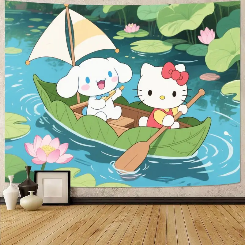 1PC Sanrio Hello Kitty Cinnamoroll Kawaii Bootfahren Wandteppich, ästhetische Polyester Wandkunst für Schlafzimmer Wohnzimmer Dekor, süßes Mädchen
