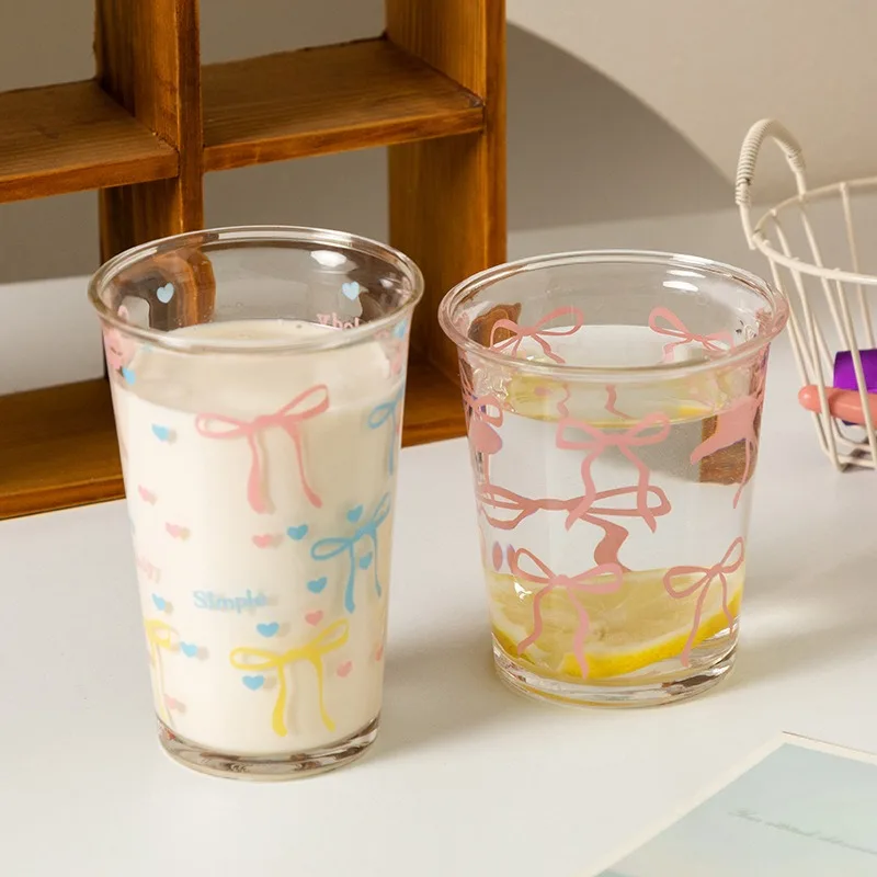 

Bow Glass Cute Water Cup Cartoon Bow Glass Cup Striped Cute Doodle Coffee Mug Household Fruit Tea Lemonade Girls Gift