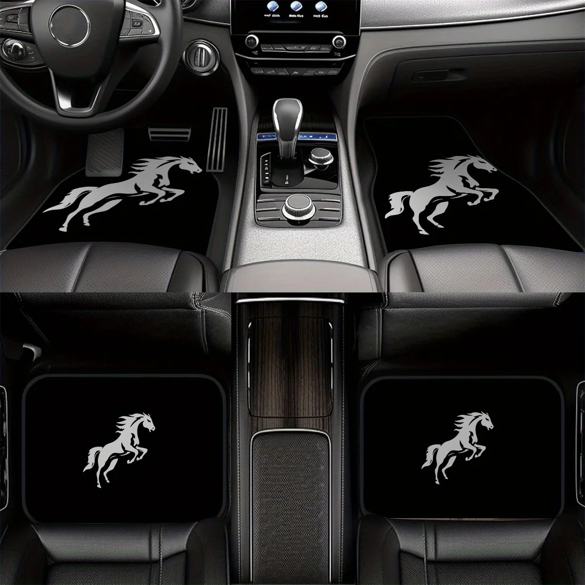 4pcs Black And White Galloping Horse Car Floor Mats - White Horse Design, Fit For Sedans, SUVs, Trucks - Durable Easy-Clean Poly