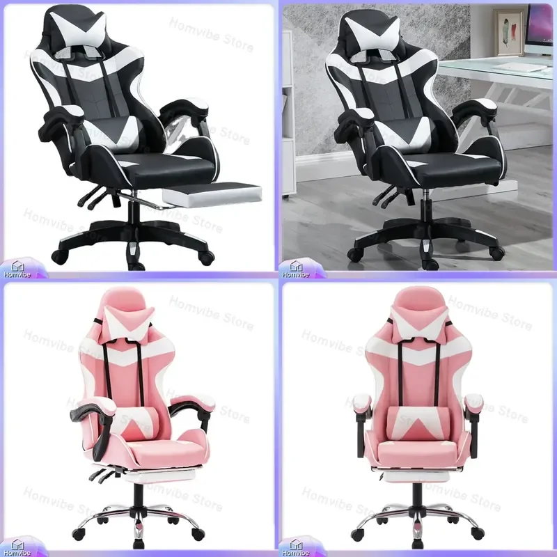 人間工学に基づいたゲーミングチェア、ランバーサポート付き、puレザー、レーシングスタイル、オフィスチェア、高さ調節可能、リクライニングバックレスト付き