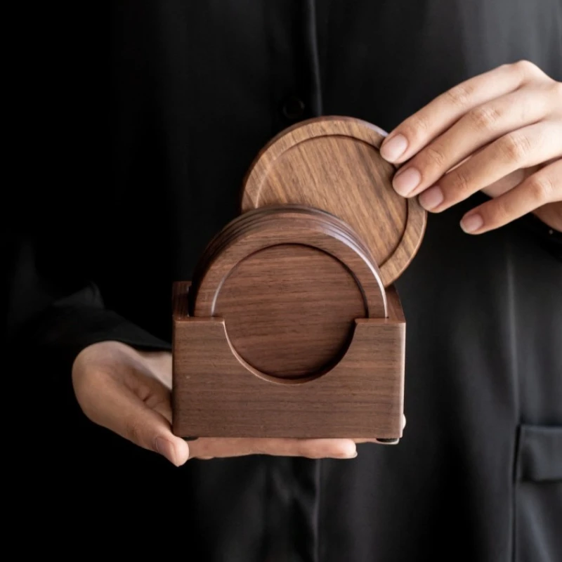 Black Walnut Wood Coaster Set, Heat‑Resistant Cup Holder, Creative Teacup Stand, Kung Fu Tea Accessory for Tea Ceremony