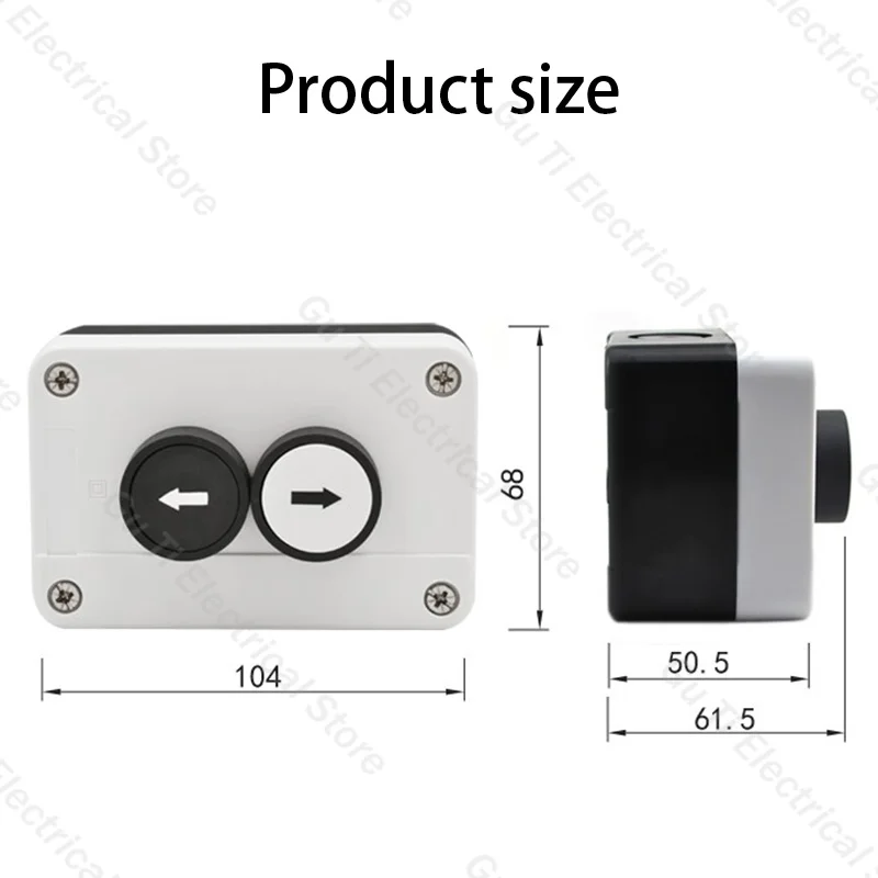 Two-position button box with arrow indicating flat button, two-hole waterproof button box, switch box, control box