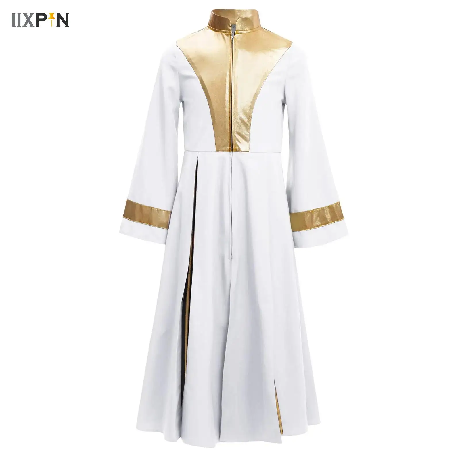 Girls Muslim Arabic Thobe Long Sleeve Metallic Contrast Choir Robe Kids Liturgical Church Worship Costume Performance Dancewear