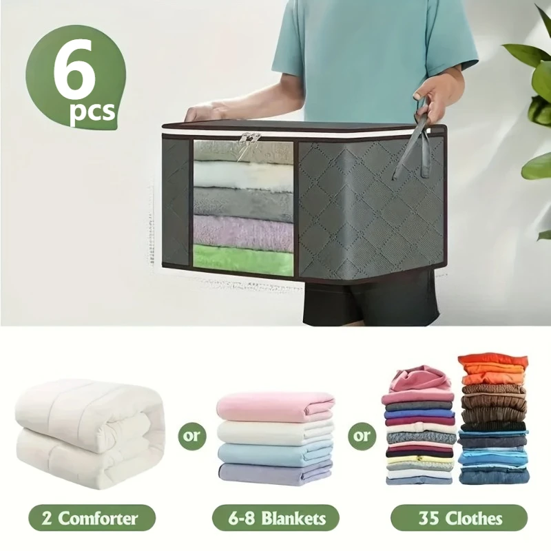 

Набор из 6 больших складных сумок для хранения с молнией и крышкой – прочные органайзеры для одежды и постельного белья