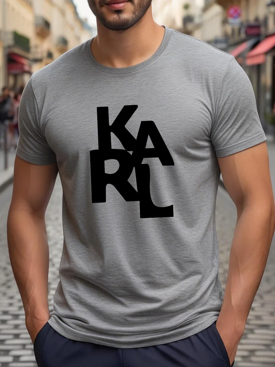 White Short Sleeve T-Shirt with Black Stacked Letter Print Casual Crew Neck Top for Men