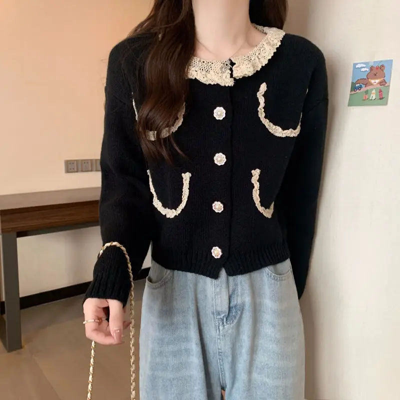 O-neck Lace Patchwork Sweater Women Autumn Winter O-neck Temperament Knitting Cardigan Elegant All-match Fashion Knitwear Tops