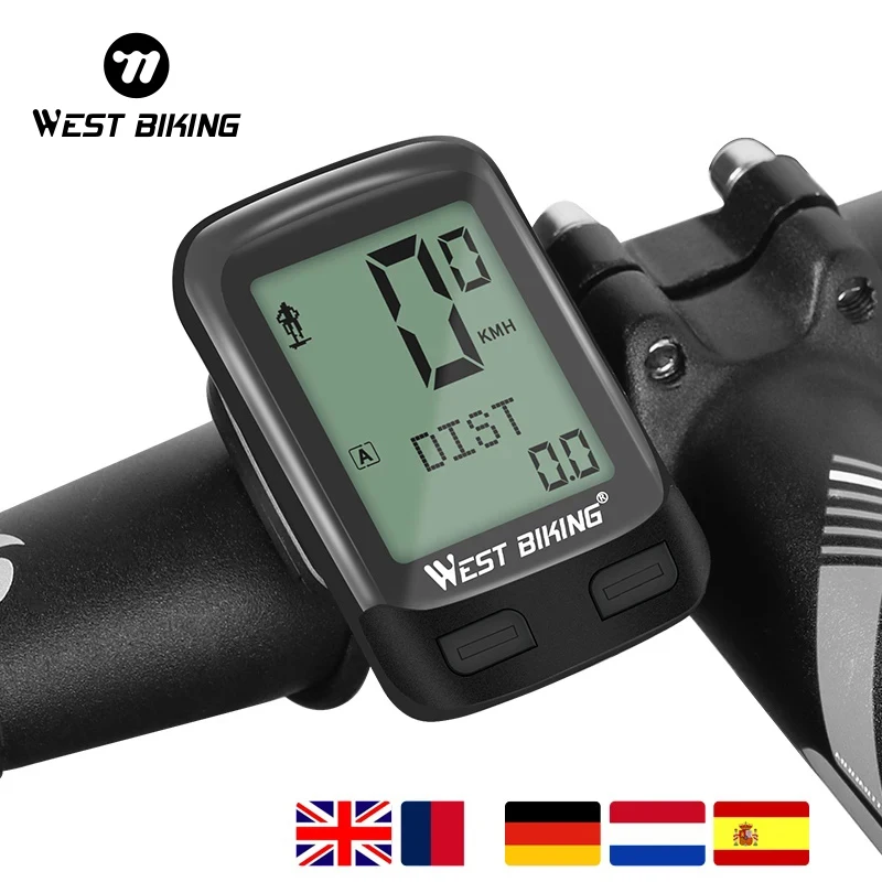 WEST BIKING Wireless Bicycle Computer 5 Languages Bike Odometer LED Waterproof Cycling Stopwatch Speedometer MTB Bike Computer