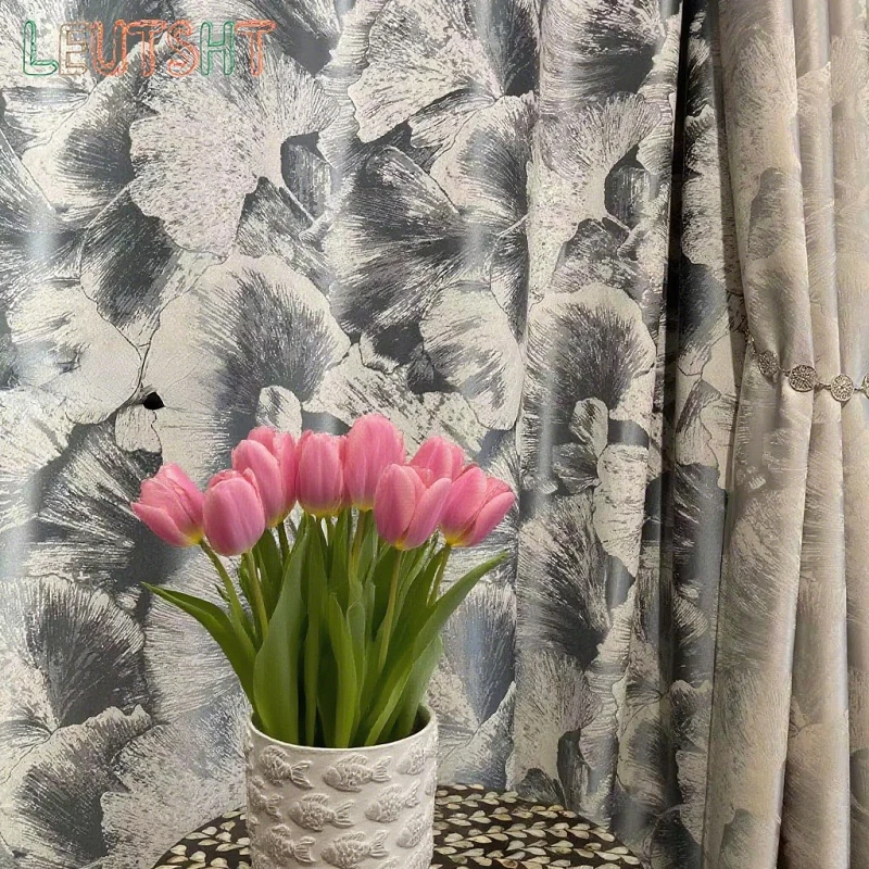 Custom Size1pcFashion Gray Ginkgo Leaf Precision Luxury Curtains for Living Room Bedroom Dining Jacquard Window Decor Blackout