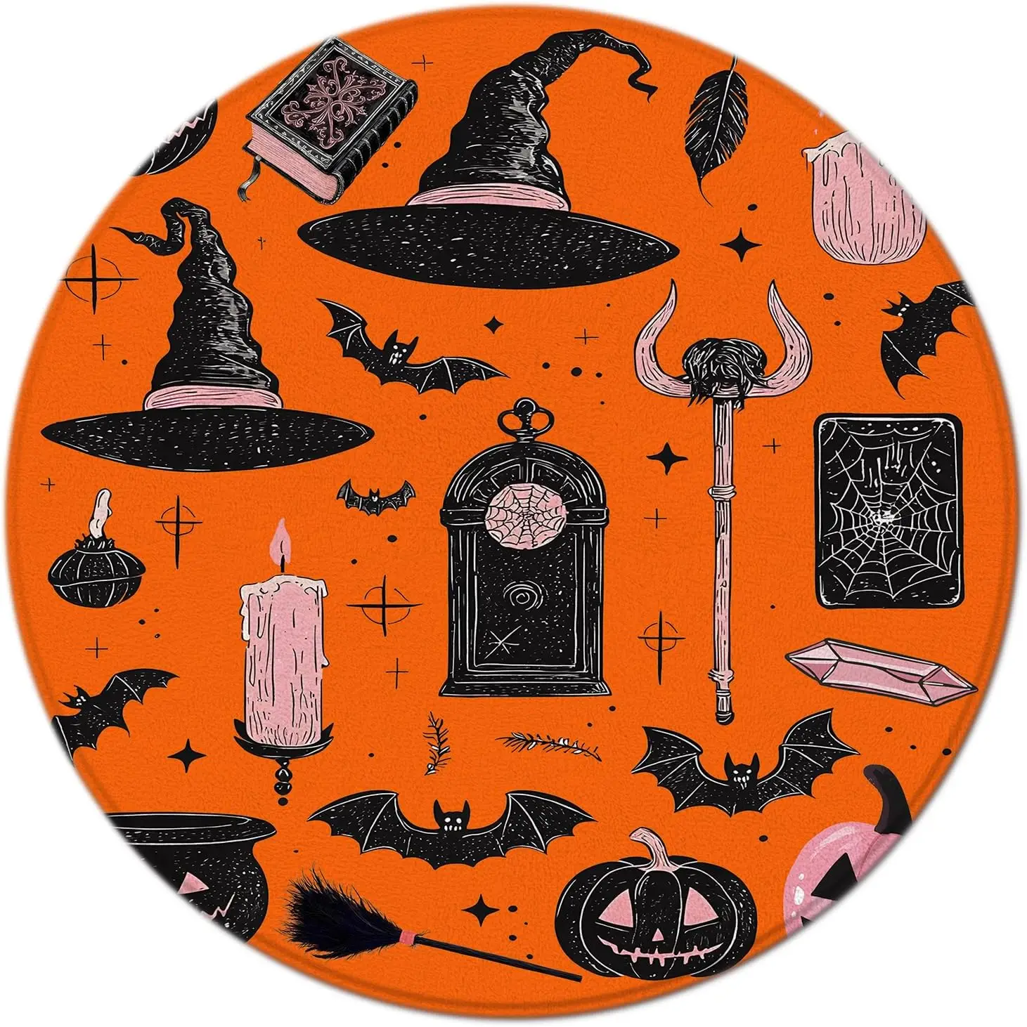 Spooky Halloween Round Rug Vintage Black Alchemy Creepy Magic World Witch Hat Pumpkin Bats Witchcraft Gothic for Entryway Living Room Bedroom Home Decor 3ft