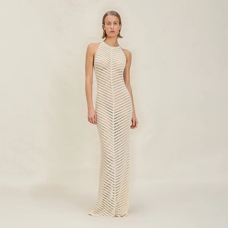 فستان ماكسي محبوك بفتحات واسعة للنساء بدون ظهر بدون أكمام يسمح بمرور الهواء فساتين صيفية لحفلات العطلات 2025 ملابس نسائية جديدة