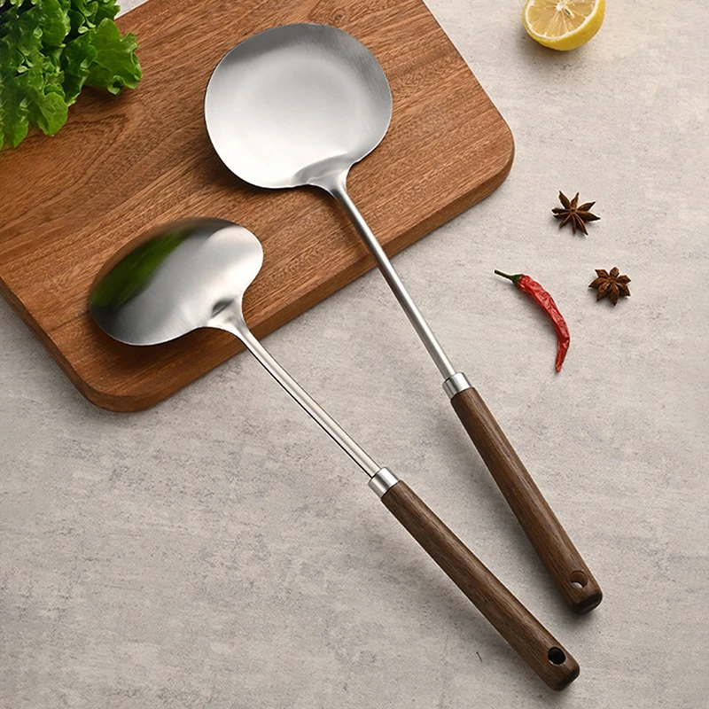 3Sizes Stainless Steel Wok Spatula Chef-specific Cooking Spoon Wooden Long Handle Mushroom Shovel Kitchen Cooking Utensils