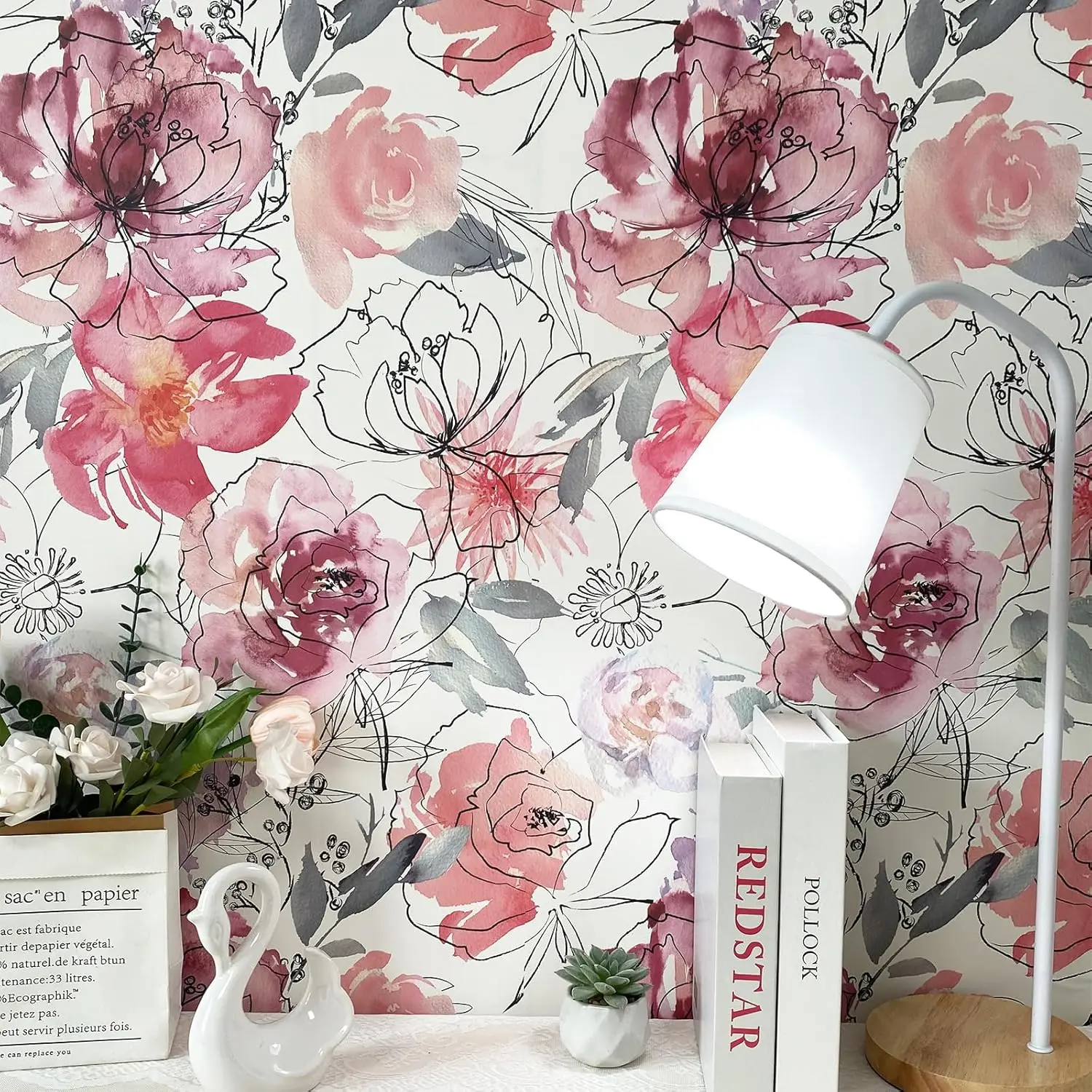 Pink Floral Peel and Stick Wallpaper Peony Self Adhesive Wallpaper Flower Removable Contact Paper for Kids Bedroom Bathroom