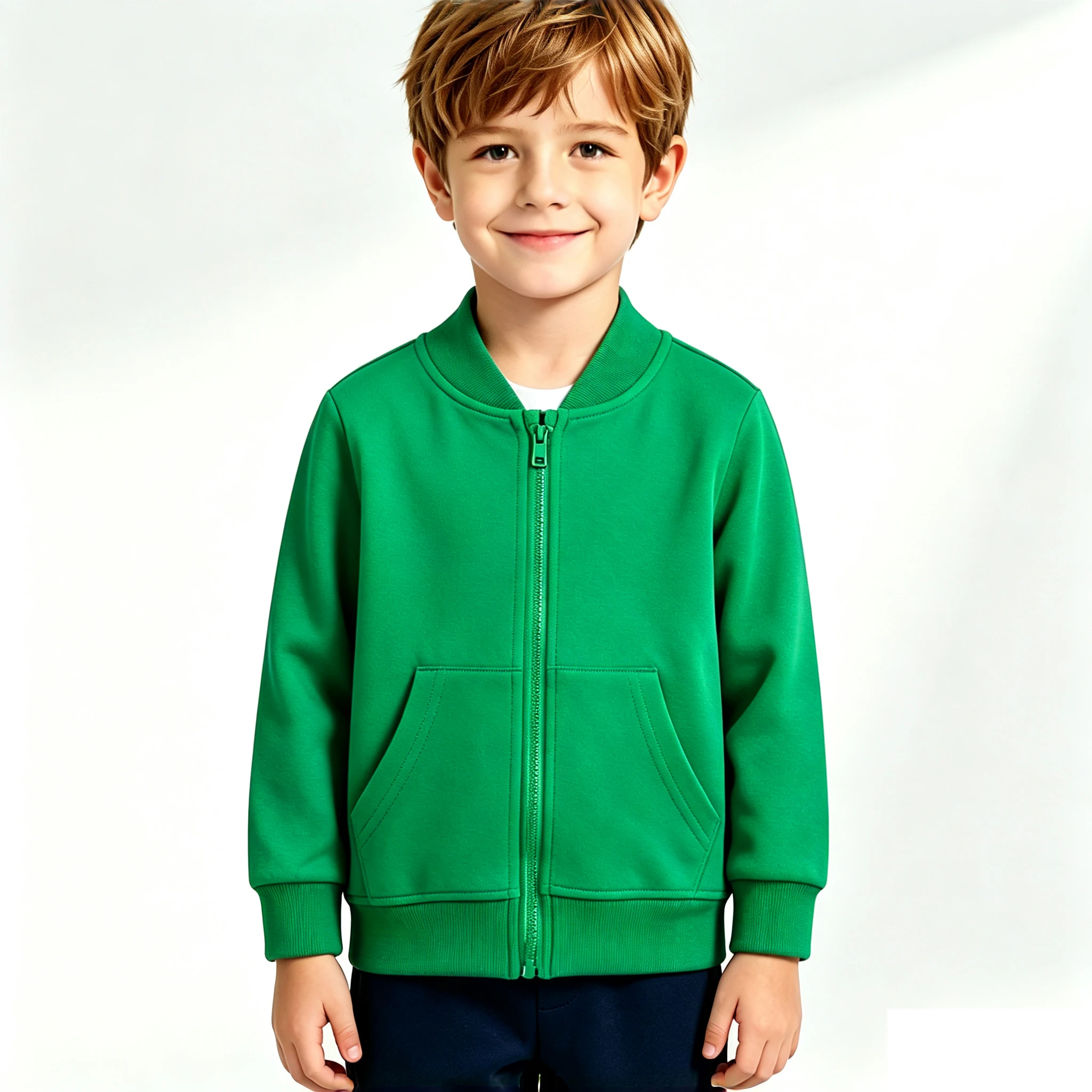 Unisex Kinder Grüne Reißverschluss-Langarmjacke, Einfarbiger Baseball-Sweatshirt, Lässiger Cardigan mit Taschen für Jungen und Mädchen – Detail 1