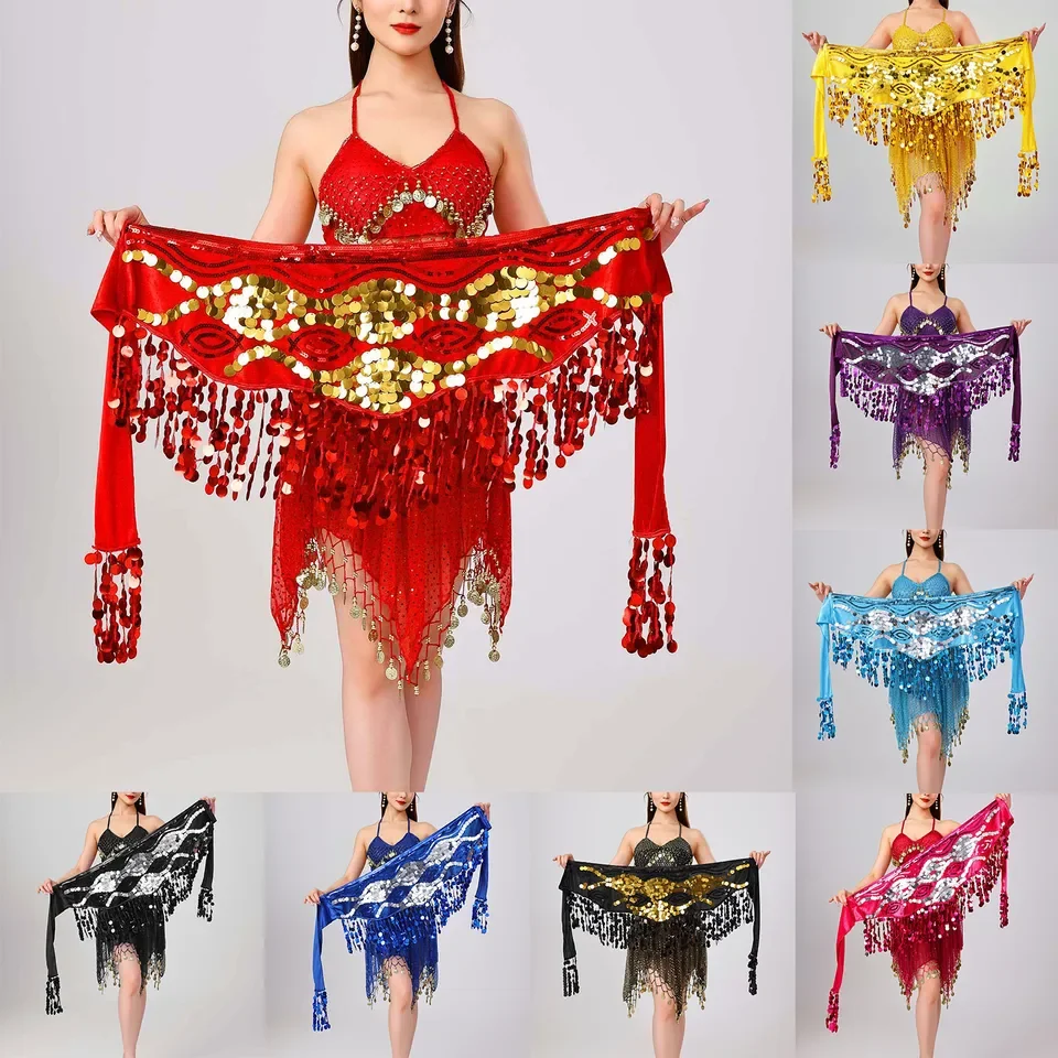 Womens Carnival Party Sequin Skirt Lace Up Bandage Tassel Cover Up Wrap Scarf Korean Elastic Waist Midi Skirt Party Club Wear