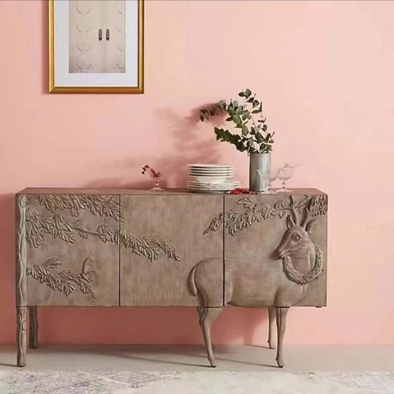 Solid Wood Dining Side Cabinet French Country Style Carved Retro Foyer Porch Table Residential Storage Locker Home Furniture