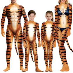 Parent Child Costume Halloween Cosplay Animal Tiger 3D Print Bodysuit Pet Suit Erformances for Adult Boys Party Performance Set