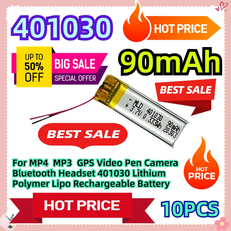 

For MP4 MP3 GPS Video Pen Camera Bluetooth Headset 401030 3.7V 90mAh Lithium Polymer Lipo Rechargeable Battery
