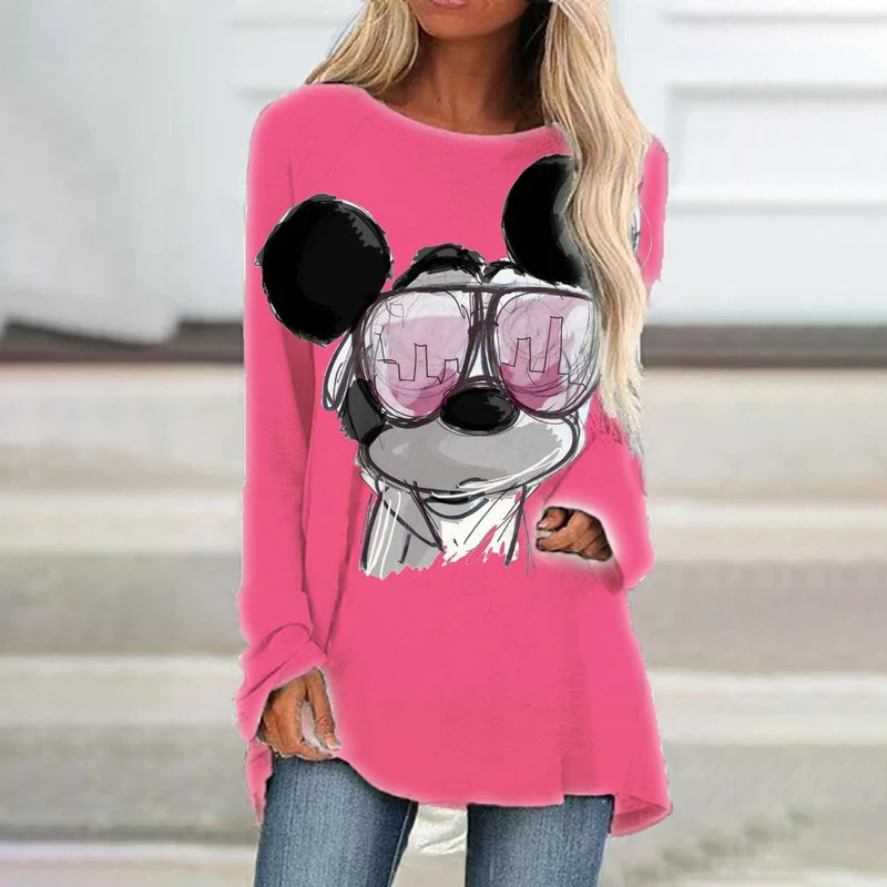 2024 Spring and Autumn Street 3D Printing New Slim Women's Long Sleeve Round Neck Minnie Fashion Casual Raglan Sleeve T-shirt