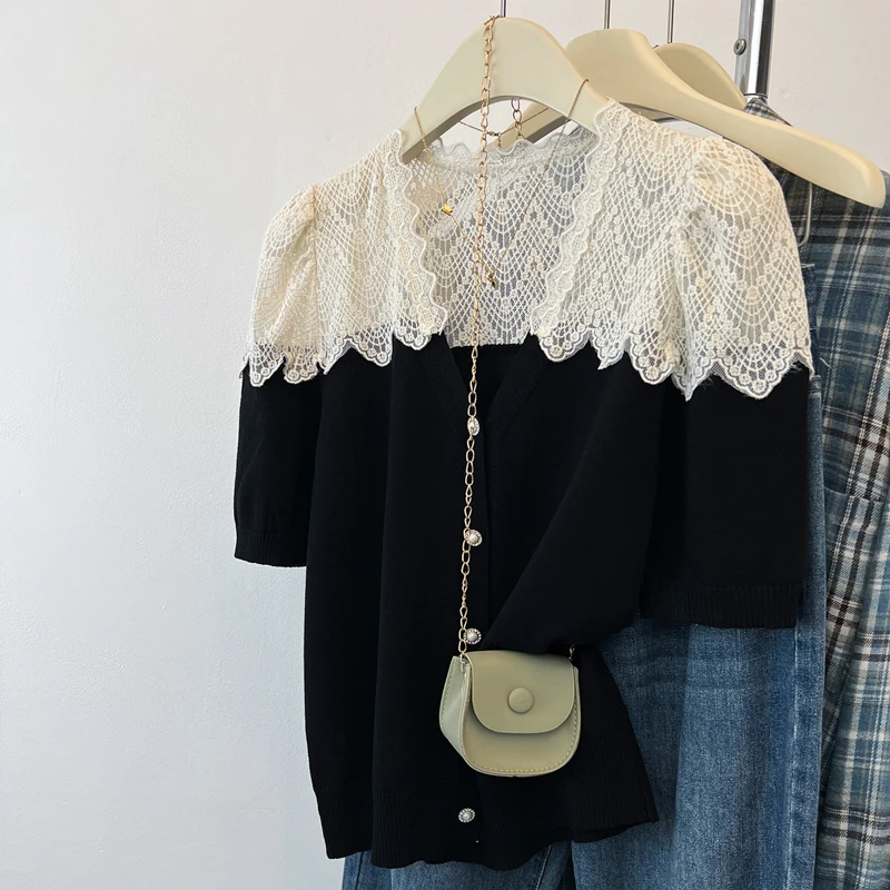 Patchwork renda feminina de malha cardigan camisa roupas verão alta estiramento manga curta solta senhoras topos