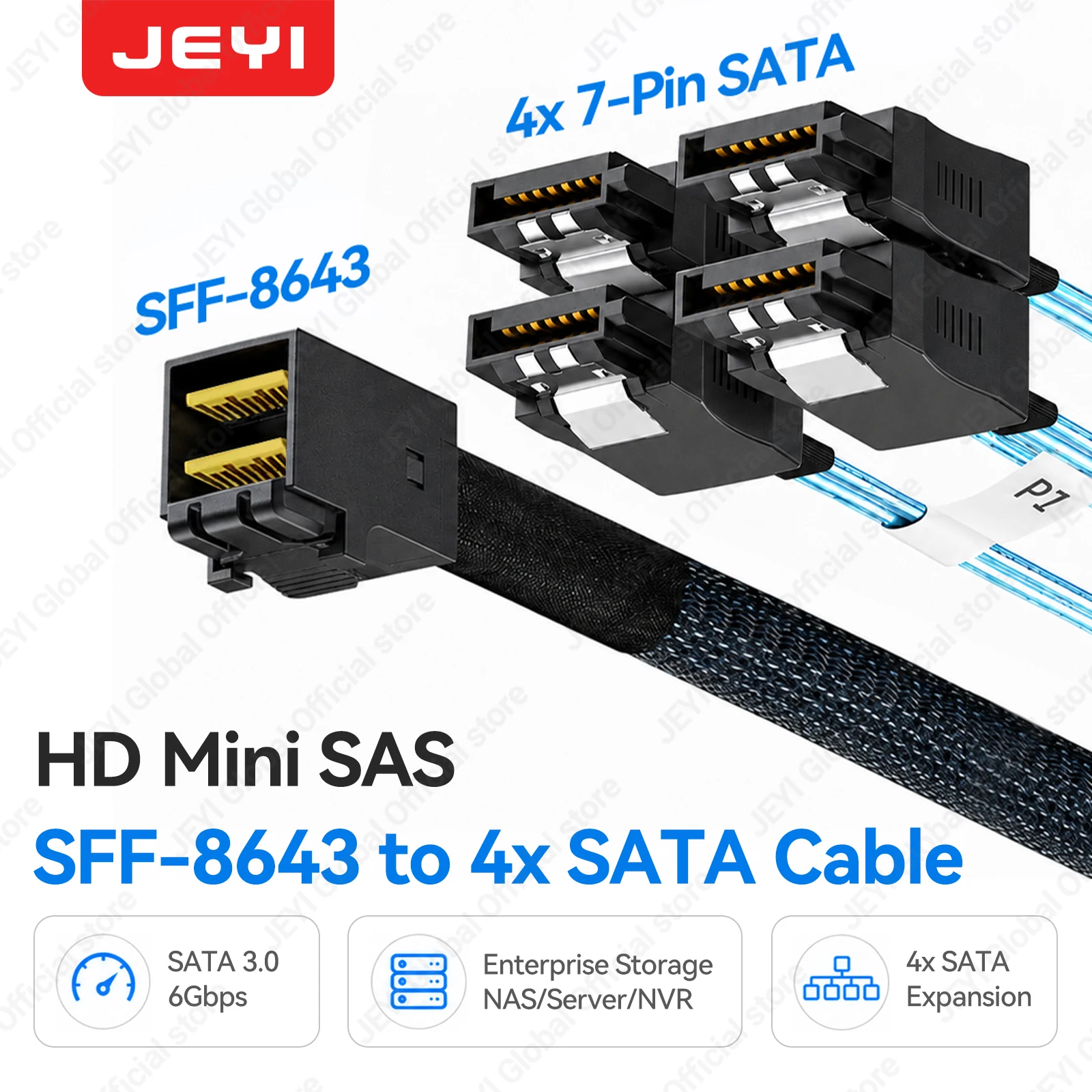 JEYI Mini SAS HD SFF-8643 to 4X SATA Cable SFF8643 Host to 4X SATA Target Cable to RAID Controller Enterprise Storage Hard Drive