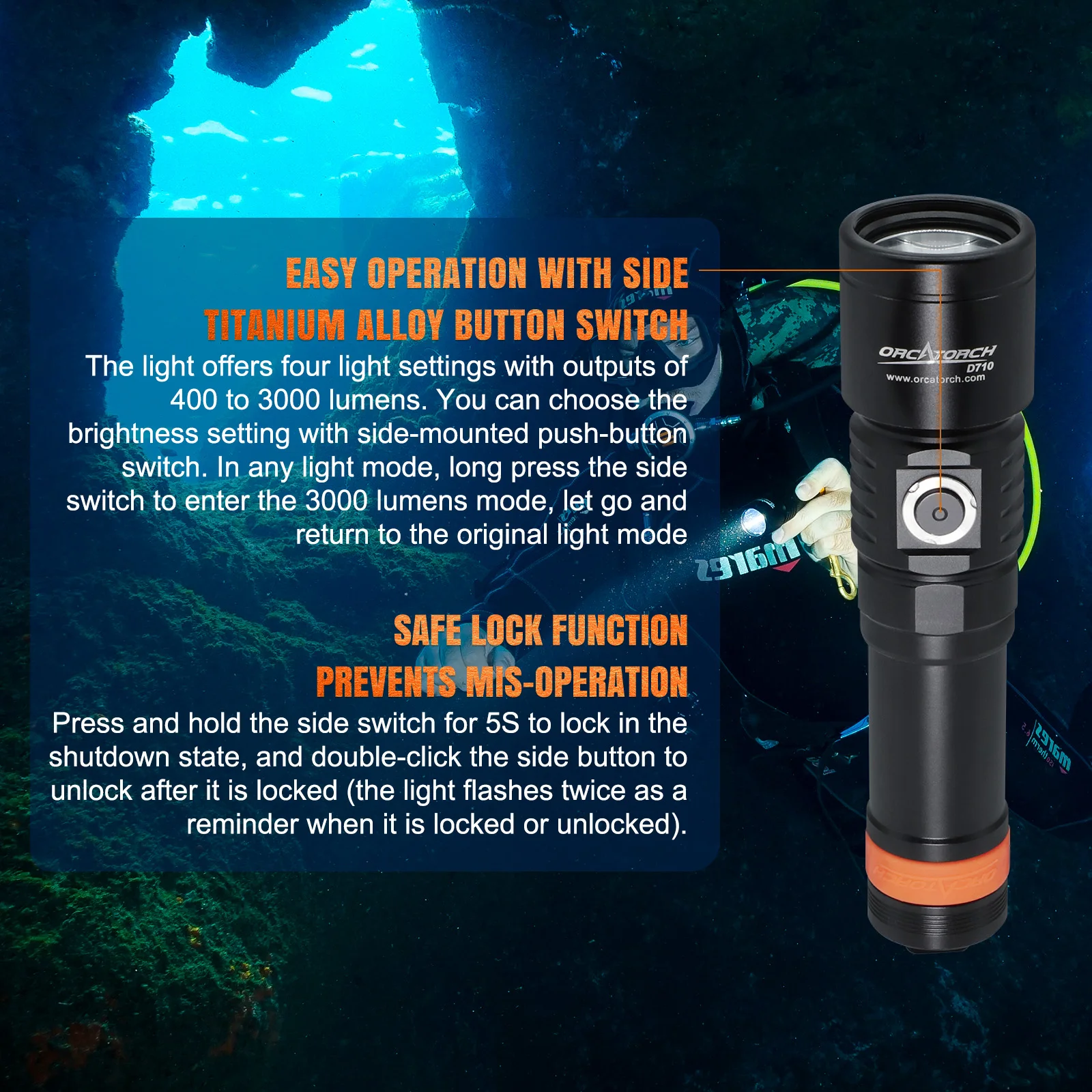 Orcatorch D710 Powerful Rechargeable Diving Torch Light LED Dive Flashlight Professional Scuba Diving Flashlight Underwater Lamp