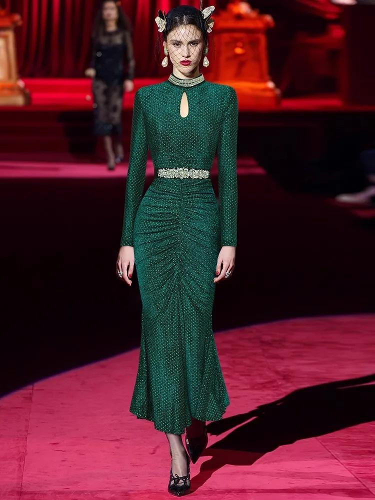 

Designer New Women's Elegant Party Dress High Quality Beading Elastic Evening Dress Formal Occasion Fashion French Vintage