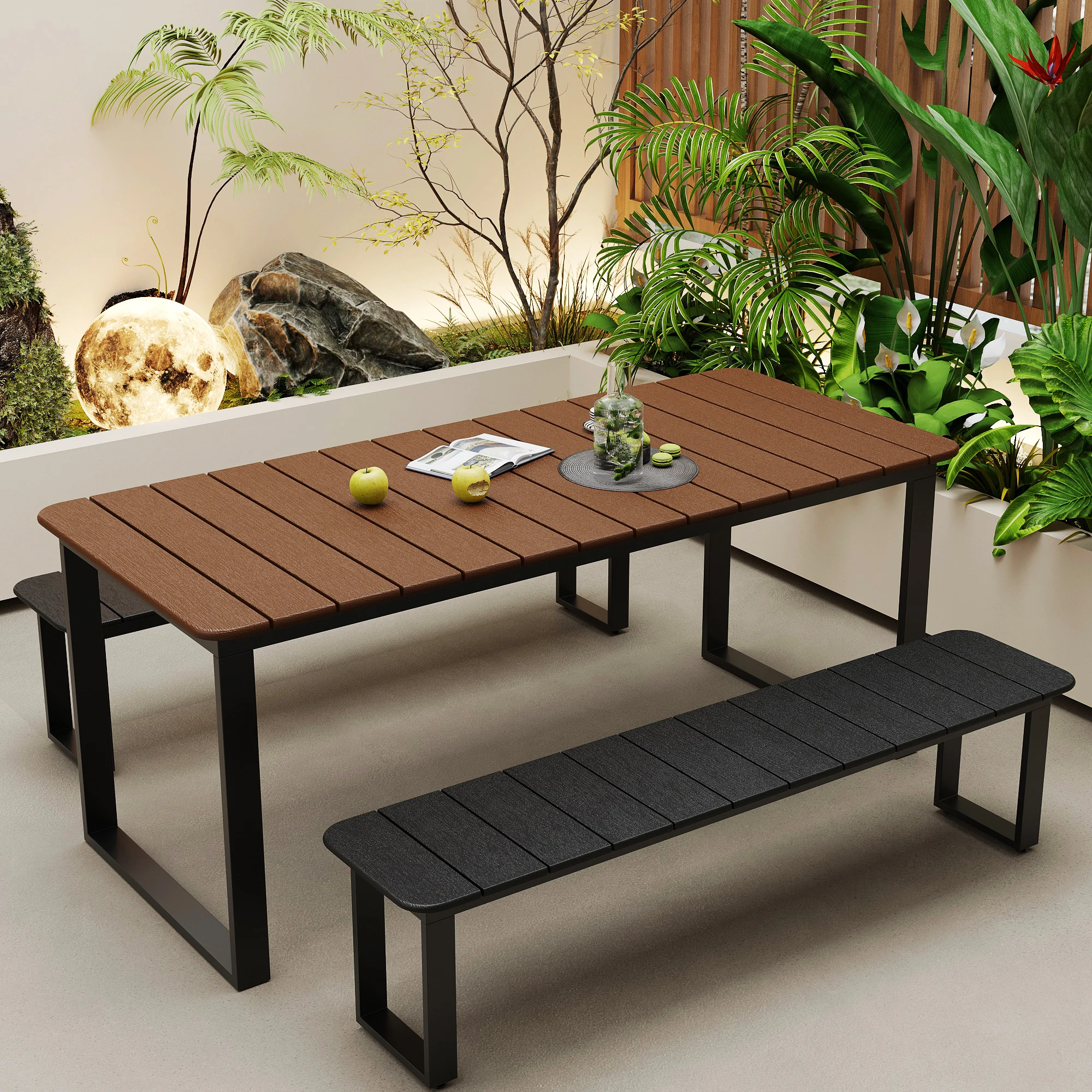 V*-Outdoor Dining Table Chair Set Modern-Style Plastic Wood Construction Waterproof Durable Movable Hospital School Hotel