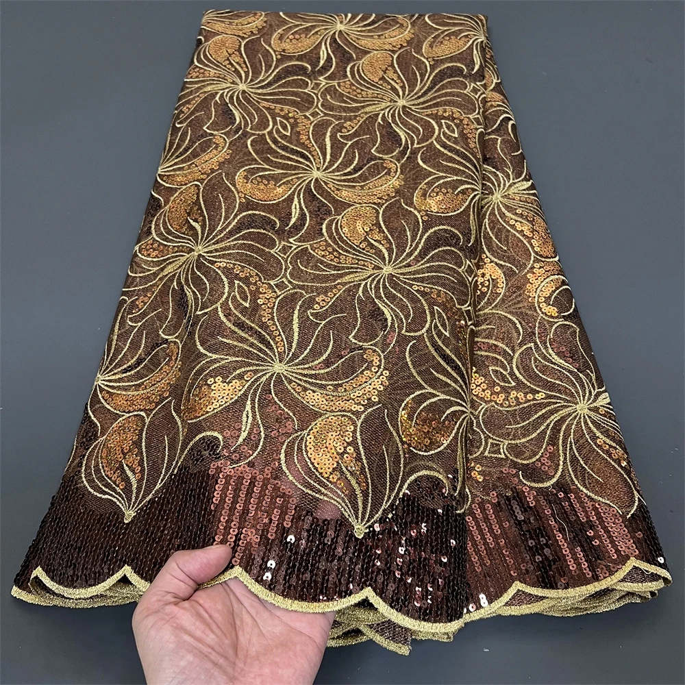 Top Grade Handcut African Nigerian Sequins Tulle Lace Fabric Sewing Net Cloth Prom Dresses Beads Embroidery High Quality PS0040