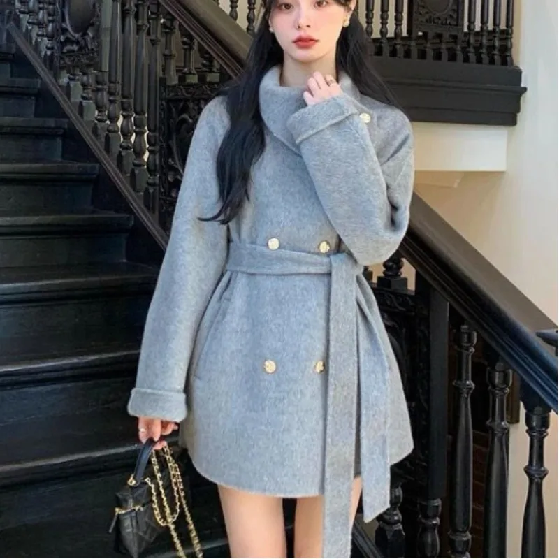 

Autumn Y2k French Elegant Vintage Women's Coat Chic Slim Fit Soiled Warm Office Lady Lace-up Design Overcoat Outside Windbreaker