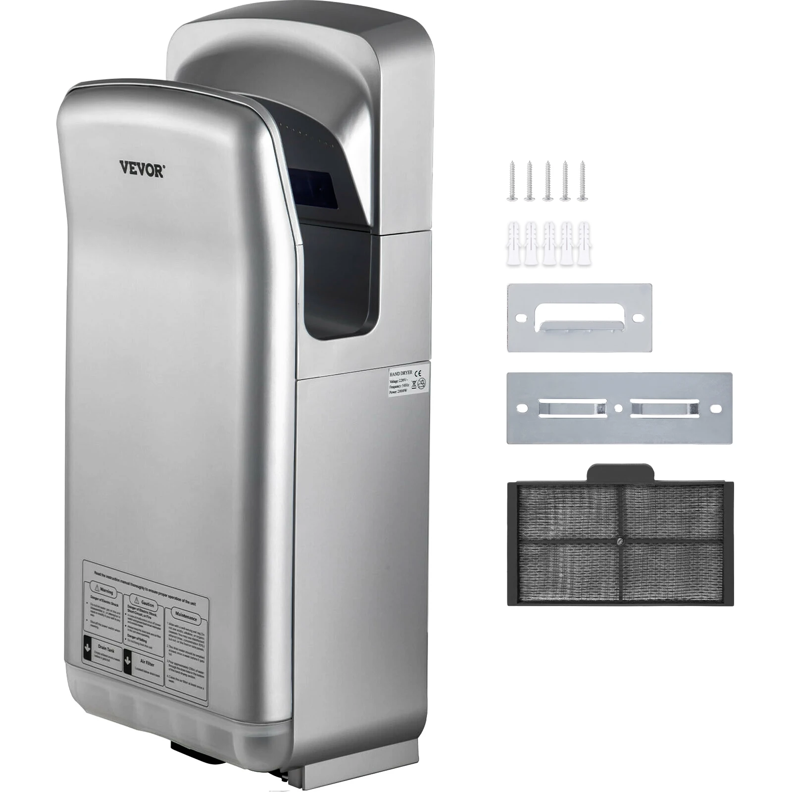 VEVOR Sèche-Mains Automatique 2000W Sèche Main Air Pulsé Électrique Commercial ABS Super Puissant Filtration HEPA 43℃ Moteur à Balais Carbone pour Sécher Séchage Mains Toilettes 290x220x685 mm Argent