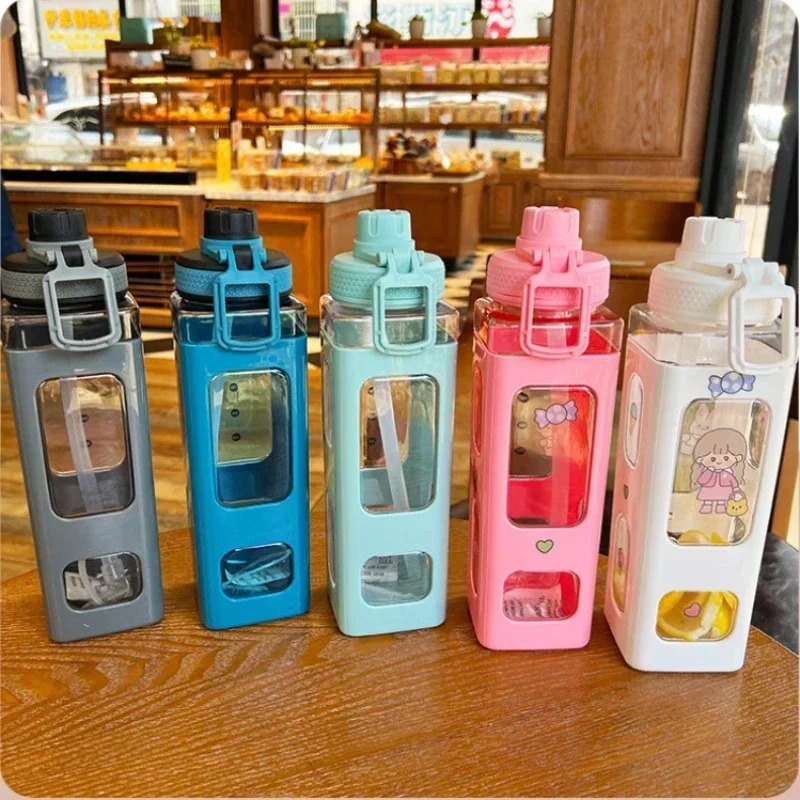 700/900ml Kawaii Pastel Water Bottle with Straw Girl Plastic Travel Tea Juice Milk Cup Portable Cute Shaker Drink Bottle Gift