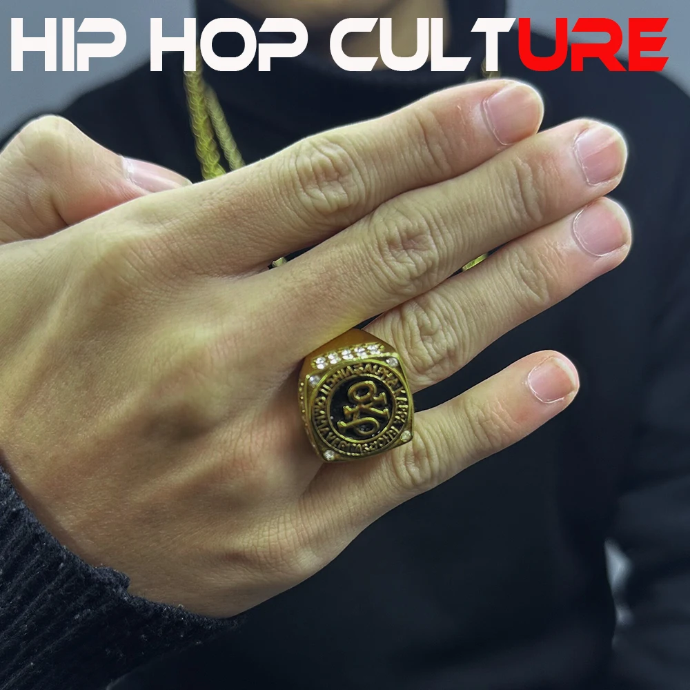 New men's 18K gold-plated ring, hand carved letters, luxurious diamond inlay, suitable for hip-hop, rap, and street gangs