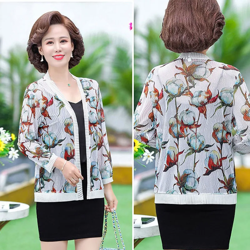 Summer Ladies Printing Sun Protection Clothing Cardigan Thin Coat Loose Long Sleeves Breathable Mesh Female Short Jacket 5XL