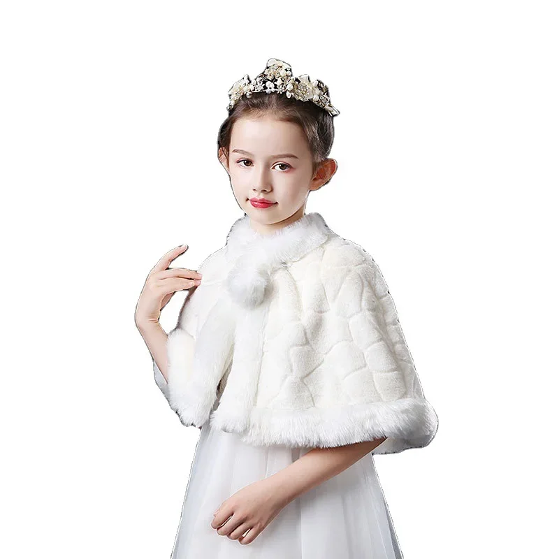 Girls Faux Fur Wedding Party Jacket White Wraps Shawl Cape Stole Girls Bolero Shrug For Children Winter Kids Warm Coat 2-12T
