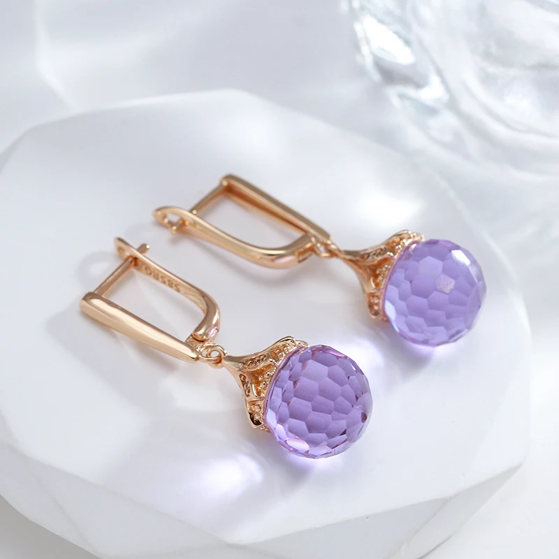 Kinel New Fashion 585 Rose Gold Round Purple Crystal Ball Drop Earrings For Women Wedding Party Luxury Trendy Daily Jewelry