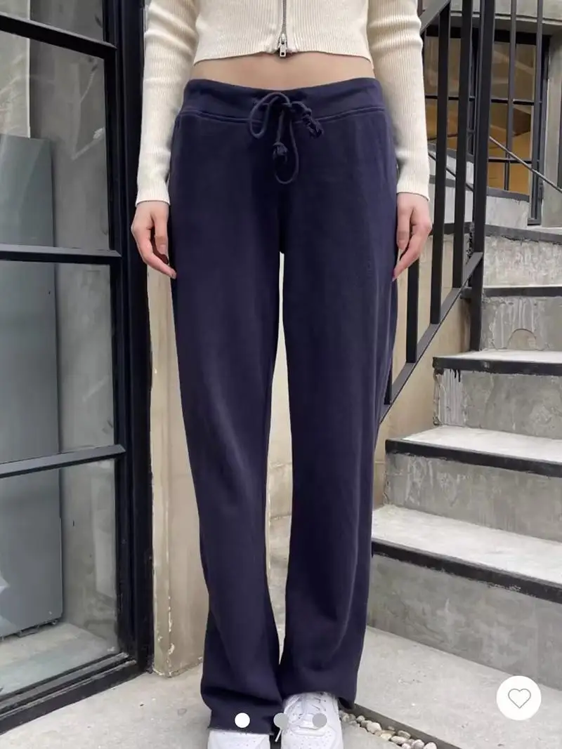 Bm site oficial novo americano retro puro algodão dstring perna reta calças casuais calças de perna larga das mulheres calças compridas