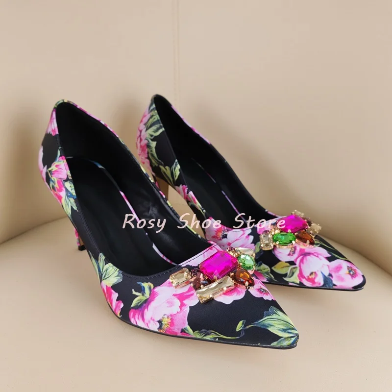 

Color Block Floral Print Design Luxury Rectangular Gemstone Buckle Decor Pumps Elegant Banquet Point Toe Slip On Stiletto Pumps