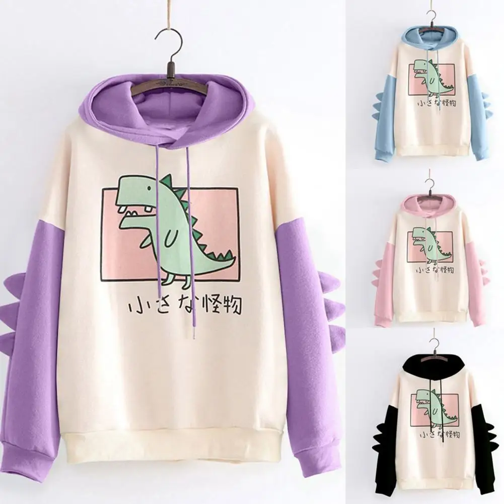 Duurzame Herfst Uitloper Dinosaurus Patroon Losse Trekkoord Capuchon Lange Mouw Nieuwigheid Sweatshirt