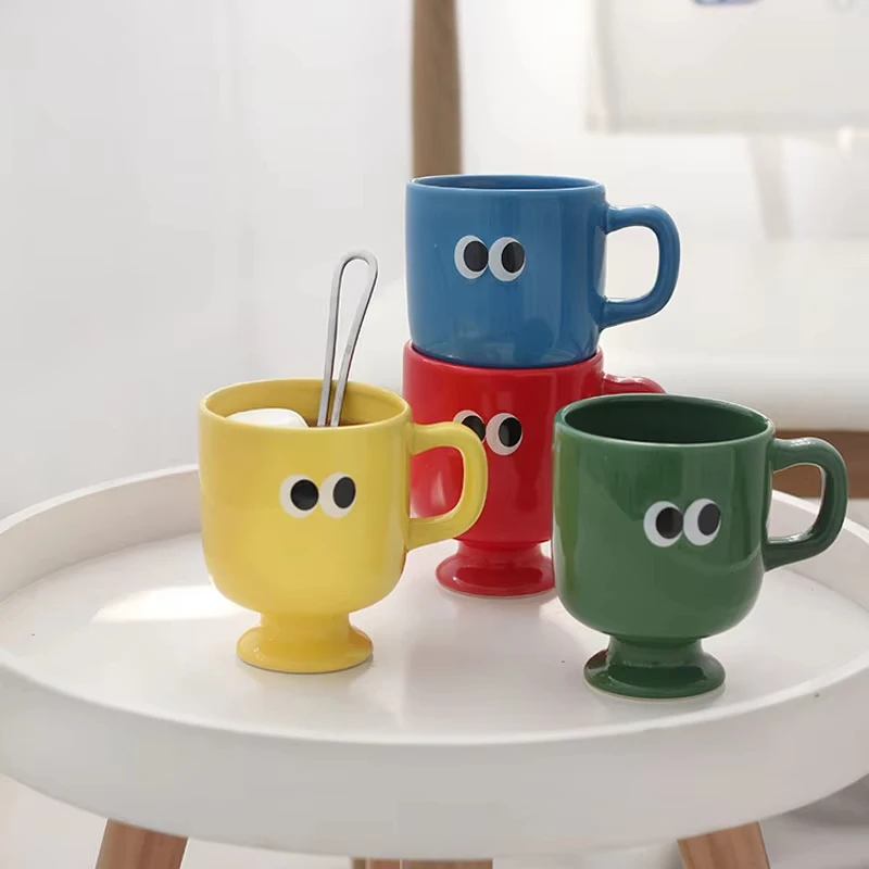 Cute Funny Big Eyes Ceramic Coffee Mug Lovely Yellow Red Green Blue Porcelain Cups Breakfast Tea Milk Mugs Gift For Friends Kids