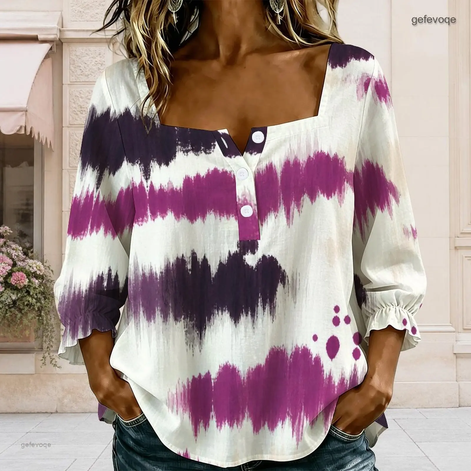Women Square Neck Button Detail Long Sleeve Ruffle Cuffs Printed Blouse