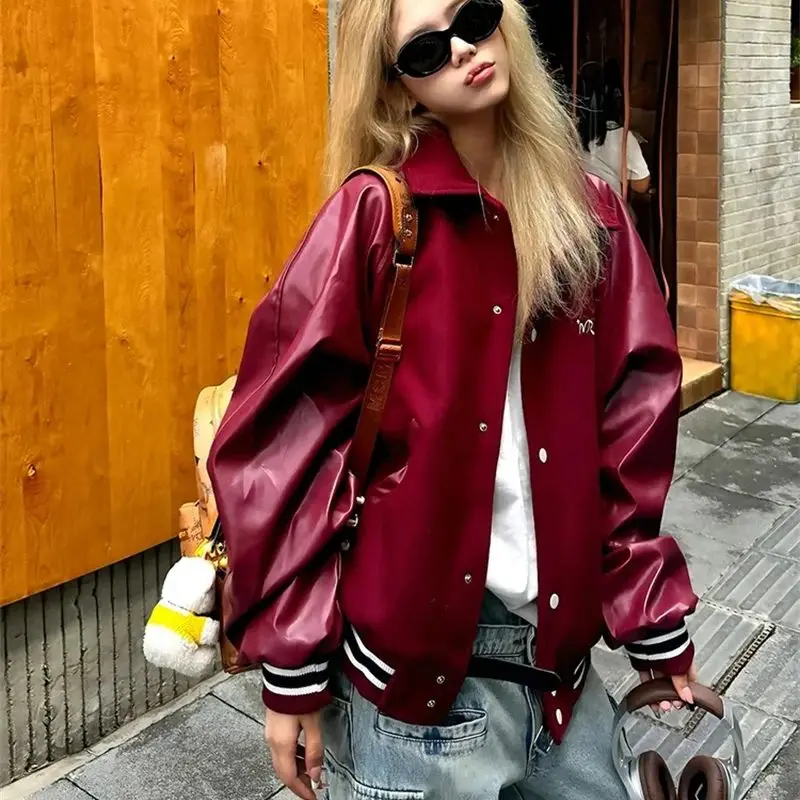 Women Outerwear 2025 Spring Autumn American Retro Red Patchwork Leather Jacket Men's and Female Lapel Motorcycle Baseball Jacket