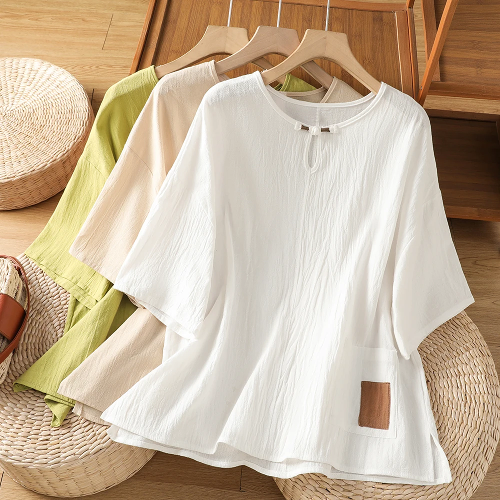 

Spring Summer 2026 Women's plus Size Slim Fit Cotton Linen Short Sleeve T-Shirt Thin Base Shirt round Neck Button up Commute ...